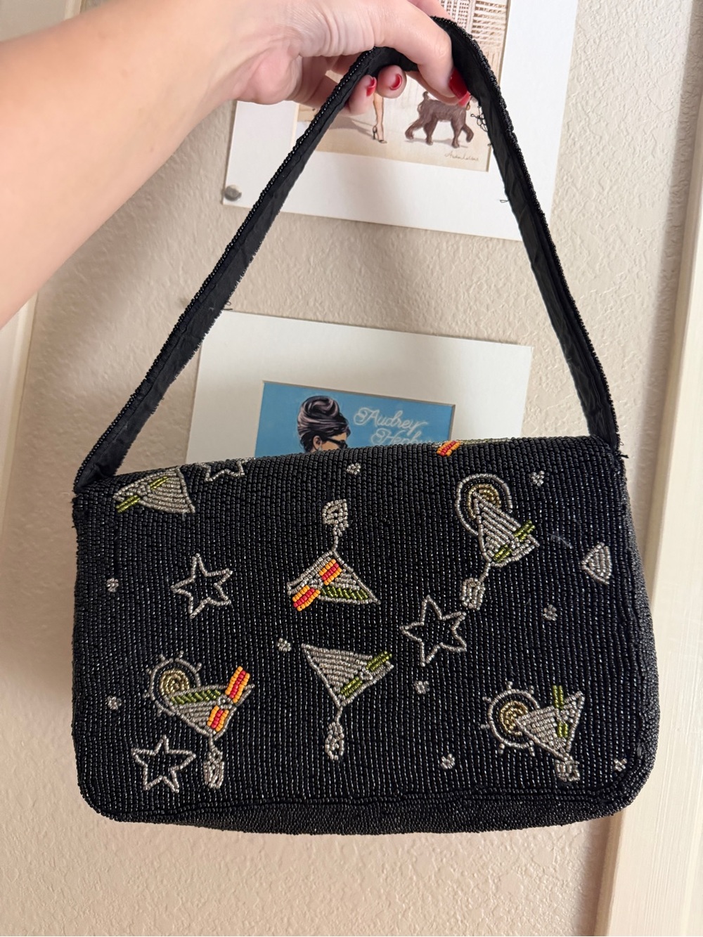 Black Beaded Cocktail Handbag with Martini Motif
